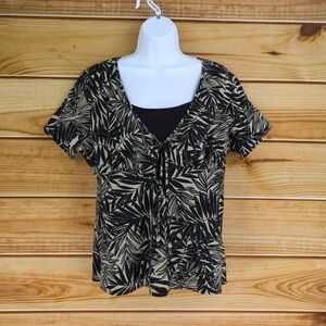Jaclyn‎ Smith Short Sleeve Blouse Womens Size L Brown Black Leaves Front Tie NWT